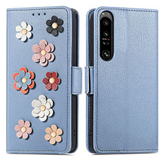Coque Portefeuille Fleurs Livre Cuir Etui Clapet S02D pour Sony Xperia 1 IV SO-51C Bleu