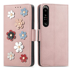 Coque Portefeuille Fleurs Livre Cuir Etui Clapet S02D pour Sony Xperia 1 IV SO-51C Or Rose