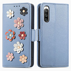 Coque Portefeuille Fleurs Livre Cuir Etui Clapet S02D pour Sony Xperia 10 IV SO-52C Bleu