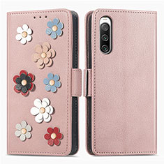 Coque Portefeuille Fleurs Livre Cuir Etui Clapet S02D pour Sony Xperia 10 IV SOG07 Or Rose