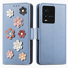 Coque Portefeuille Fleurs Livre Cuir Etui Clapet S02D pour Vivo iQOO 9T 5G Bleu