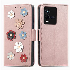 Coque Portefeuille Fleurs Livre Cuir Etui Clapet S02D pour Vivo iQOO 9T 5G Or Rose