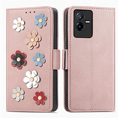 Coque Portefeuille Fleurs Livre Cuir Etui Clapet S02D pour Vivo iQOO Z6x Or Rose