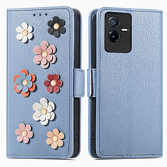 Coque Portefeuille Fleurs Livre Cuir Etui Clapet S02D pour Vivo T2x 5G Bleu