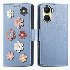 Coque Portefeuille Fleurs Livre Cuir Etui Clapet S02D pour Vivo Y02S Bleu