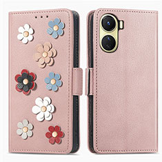 Coque Portefeuille Fleurs Livre Cuir Etui Clapet S02D pour Vivo Y02S Or Rose