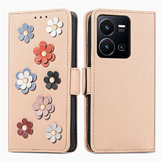 Coque Portefeuille Fleurs Livre Cuir Etui Clapet S02D pour Vivo Y35 4G Kaki