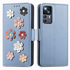 Coque Portefeuille Fleurs Livre Cuir Etui Clapet S02D pour Xiaomi Mi 12T 5G Bleu