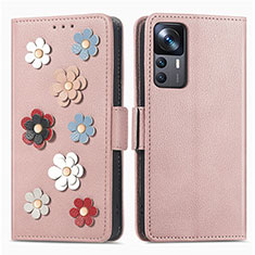 Coque Portefeuille Fleurs Livre Cuir Etui Clapet S02D pour Xiaomi Mi 12T Pro 5G Or Rose