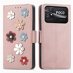 Coque Portefeuille Fleurs Livre Cuir Etui Clapet S02D pour Xiaomi Poco C40 Or Rose