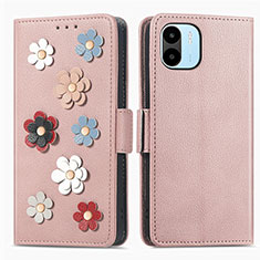 Coque Portefeuille Fleurs Livre Cuir Etui Clapet S02D pour Xiaomi Poco C50 Or Rose