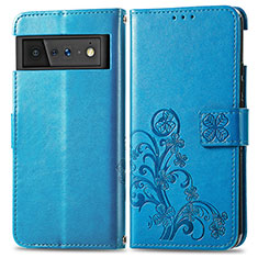 Coque Portefeuille Fleurs Livre Cuir Etui Clapet S03D pour Google Pixel 6 5G Bleu