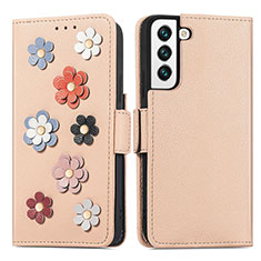 Coque Portefeuille Fleurs Livre Cuir Etui Clapet S04D pour Samsung Galaxy S21 5G Or