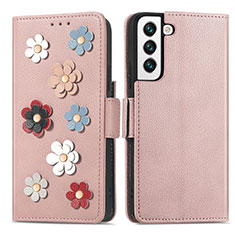 Coque Portefeuille Fleurs Livre Cuir Etui Clapet S04D pour Samsung Galaxy S21 5G Or Rose