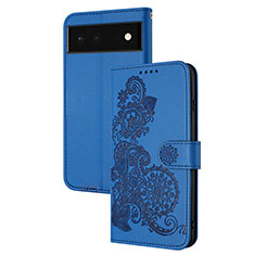 Coque Portefeuille Fleurs Livre Cuir Etui Clapet Y01X pour Google Pixel 6 5G Bleu