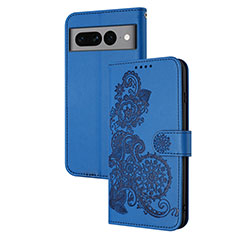 Coque Portefeuille Fleurs Livre Cuir Etui Clapet Y01X pour Google Pixel 7 Pro 5G Bleu