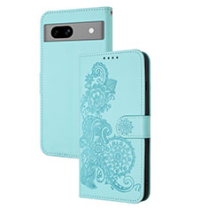 Coque Portefeuille Fleurs Livre Cuir Etui Clapet Y01X pour Google Pixel 7a 5G Bleu Clair