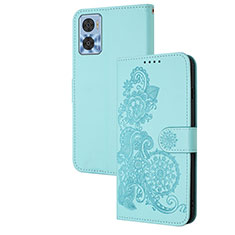 Coque Portefeuille Fleurs Livre Cuir Etui Clapet Y01X pour Motorola Moto E22 Bleu Clair