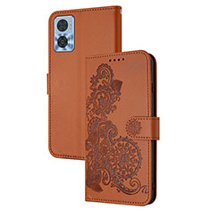 Coque Portefeuille Fleurs Livre Cuir Etui Clapet Y01X pour Motorola Moto E22 Marron