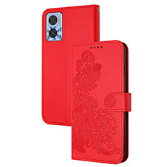 Coque Portefeuille Fleurs Livre Cuir Etui Clapet Y01X pour Motorola Moto E22 Rouge