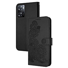 Coque Portefeuille Fleurs Livre Cuir Etui Clapet Y01X pour Oppo A57 4G Noir