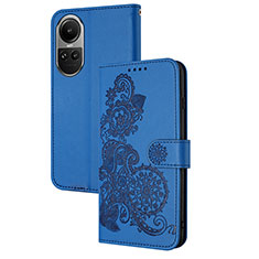 Coque Portefeuille Fleurs Livre Cuir Etui Clapet Y01X pour Oppo Reno10 5G Bleu