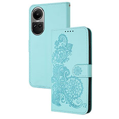 Coque Portefeuille Fleurs Livre Cuir Etui Clapet Y01X pour Oppo Reno10 5G Bleu Clair