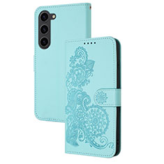 Coque Portefeuille Fleurs Livre Cuir Etui Clapet Y01X pour Samsung Galaxy S22 5G Bleu Clair