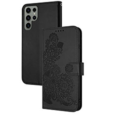 Coque Portefeuille Fleurs Livre Cuir Etui Clapet Y01X pour Samsung Galaxy S22 Ultra 5G Noir