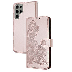 Coque Portefeuille Fleurs Livre Cuir Etui Clapet Y01X pour Samsung Galaxy S23 Ultra 5G Or Rose