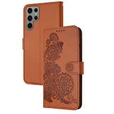 Coque Portefeuille Fleurs Livre Cuir Etui Clapet Y01X pour Samsung Galaxy S24 Ultra 5G Marron