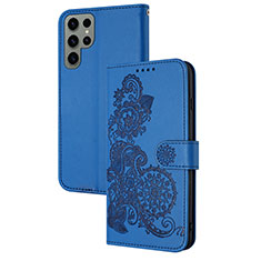 Coque Portefeuille Fleurs Livre Cuir Etui Clapet Y01X pour Samsung Galaxy S25 Ultra 5G Bleu