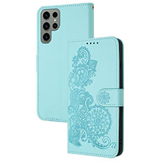 Coque Portefeuille Fleurs Livre Cuir Etui Clapet Y01X pour Samsung Galaxy S25 Ultra 5G Bleu Clair