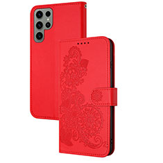 Coque Portefeuille Fleurs Livre Cuir Etui Clapet Y01X pour Samsung Galaxy S25 Ultra 5G Rouge