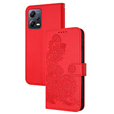 Coque Portefeuille Fleurs Livre Cuir Etui Clapet Y01X pour Xiaomi Poco X5 5G Rouge
