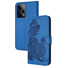 Coque Portefeuille Fleurs Livre Cuir Etui Clapet Y01X pour Xiaomi Redmi Note 12 Explorer Bleu