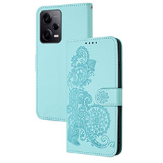 Coque Portefeuille Fleurs Livre Cuir Etui Clapet Y01X pour Xiaomi Redmi Note 12 Explorer Bleu Clair