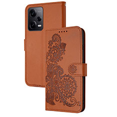 Coque Portefeuille Fleurs Livre Cuir Etui Clapet Y01X pour Xiaomi Redmi Note 12 Explorer Marron