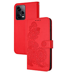 Coque Portefeuille Fleurs Livre Cuir Etui Clapet Y01X pour Xiaomi Redmi Note 12 Explorer Rouge