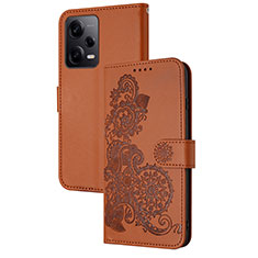 Coque Portefeuille Fleurs Livre Cuir Etui Clapet Y01X pour Xiaomi Redmi Note 12 Pro 5G Marron