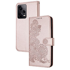 Coque Portefeuille Fleurs Livre Cuir Etui Clapet Y01X pour Xiaomi Redmi Note 12 Pro 5G Or Rose