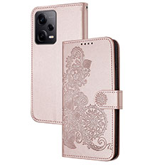 Coque Portefeuille Fleurs Livre Cuir Etui Clapet Y01X pour Xiaomi Redmi Note 12 Pro+ Plus 5G Or Rose