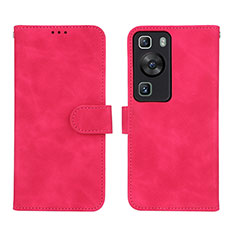 Coque Portefeuille Livre Cuir Etui Clapet L01Z pour Huawei P60 Rose Rouge