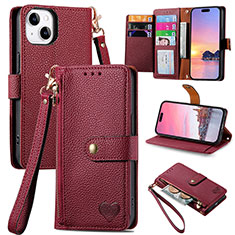 Coque Portefeuille Livre Cuir Etui Clapet S07D pour Apple iPhone 15 Plus Rouge