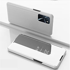 Coque Portefeuille Livre Cuir Miroir Housse Etui Clapet pour Oppo A16 Argent