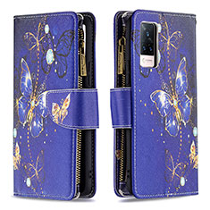 Coque Portefeuille Motif Fantaisie Livre Cuir Etui Clapet B04F pour Vivo V21 5G Bleu Royal