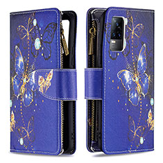 Coque Portefeuille Motif Fantaisie Livre Cuir Etui Clapet B04F pour Vivo V21e 4G Bleu Royal