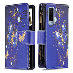 Coque Portefeuille Motif Fantaisie Livre Cuir Etui Clapet B04F pour Vivo V21e 5G Bleu Royal