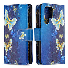 Coque Portefeuille Motif Fantaisie Livre Cuir Etui Clapet B05F pour Samsung Galaxy S22 Ultra 5G Bleu