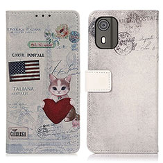 Coque Portefeuille Motif Fantaisie Livre Cuir Etui Clapet D02Y pour Nokia C02 Gris